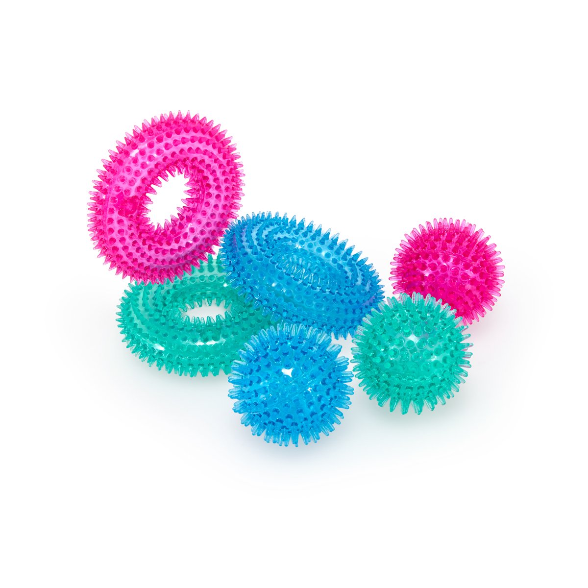 SPACE RING & BALL MIXED DOG TOYS - PINK, BLUE & GREEN