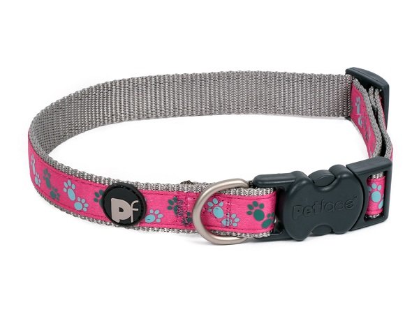 CERISE/GREY PAWS DOG COLLAR LRG