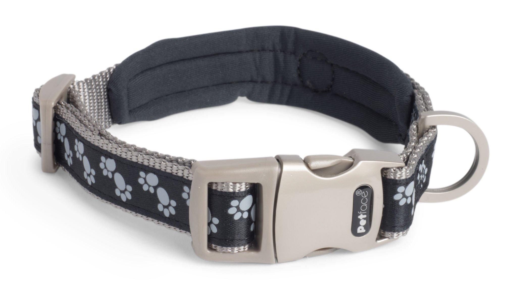 PADDED DOG COLLAR BLACK PAWS MED