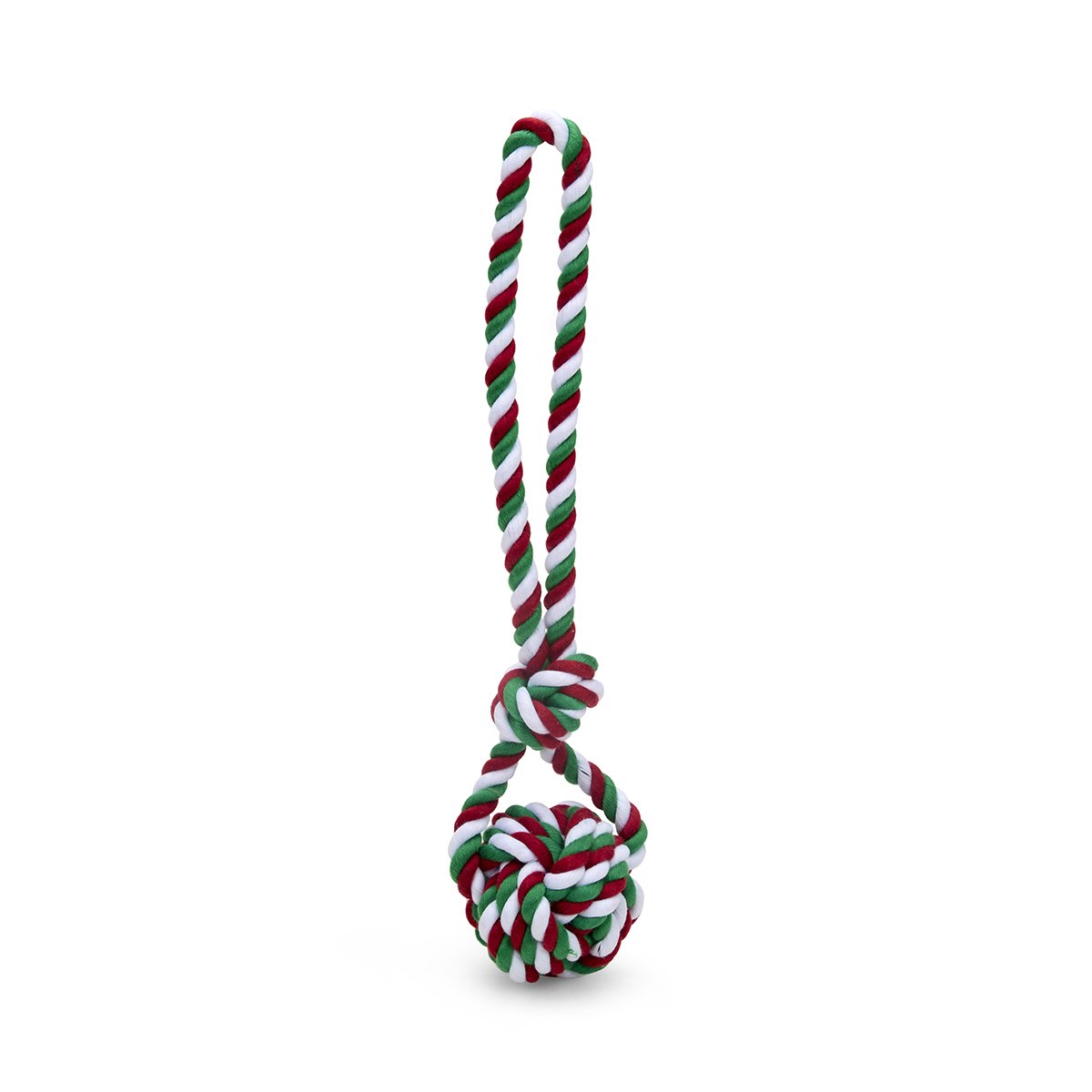 TRI-COLOURED ROPE BALL WITH HANDLE CHRISTMAS DOG TOY