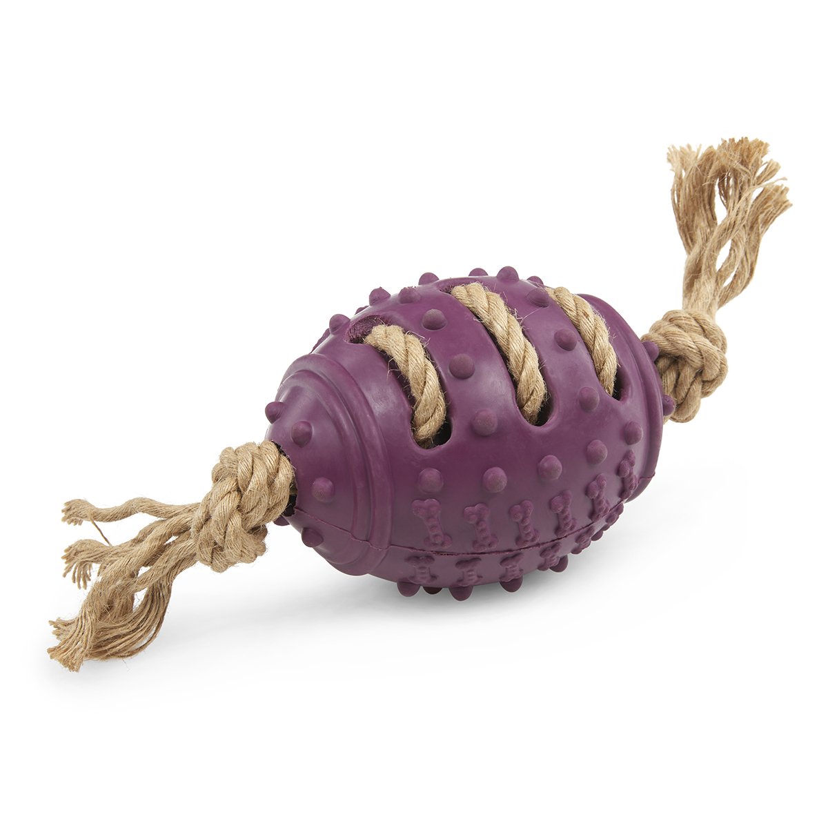 PETFACE PLANET NOBBLY RUBBER RUGBY BALL WITH ROPE DOG TOY