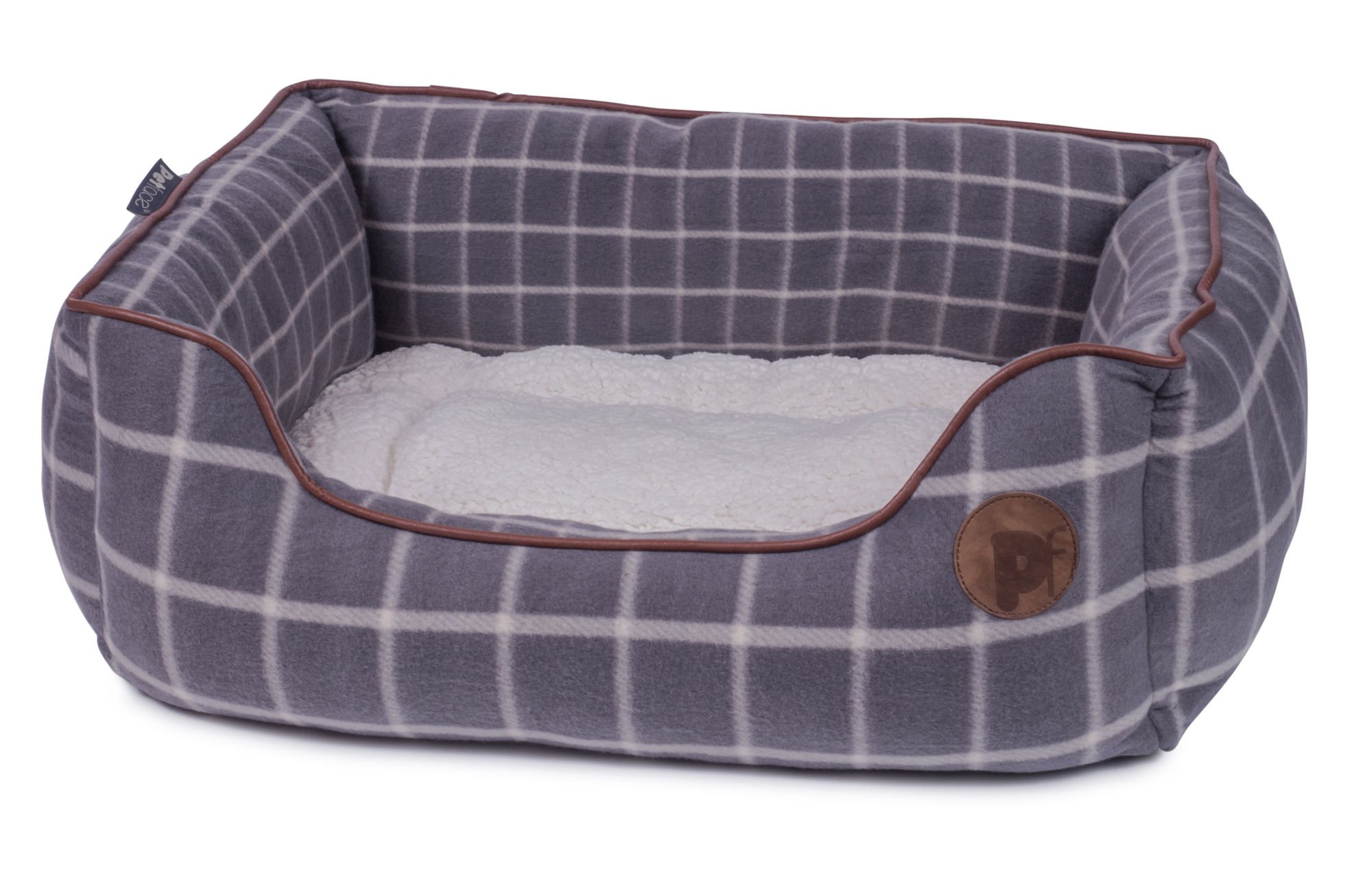 GREY WINDOW PANE CHECK SQUARE PET BED LRG