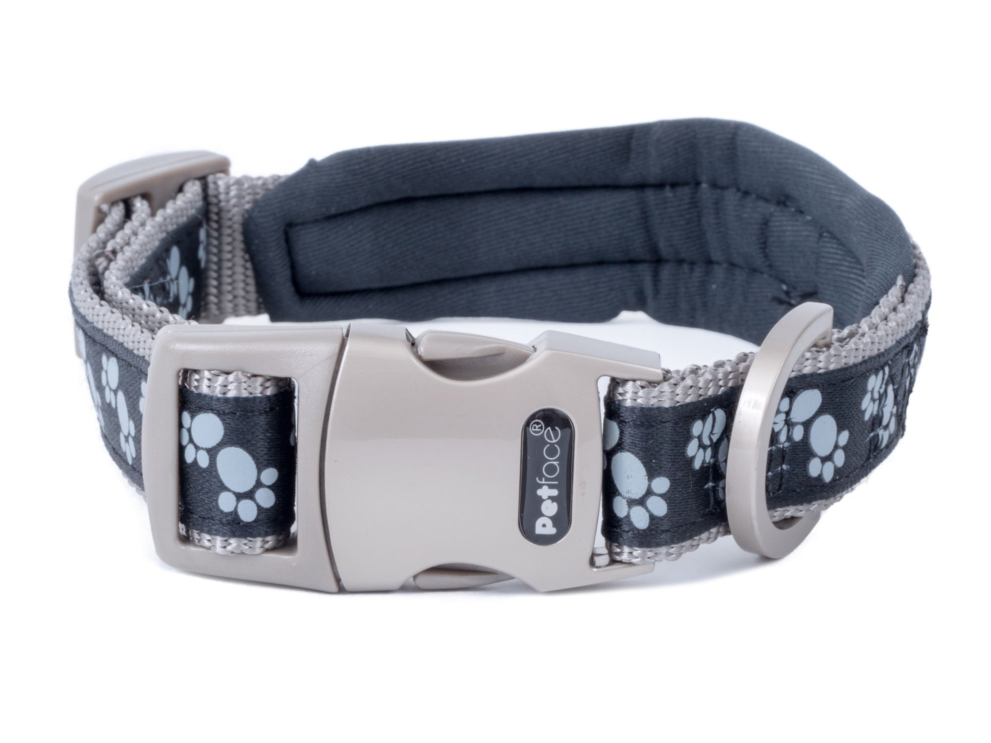 PADDED DOG COLLAR BLACK PAWS LRG